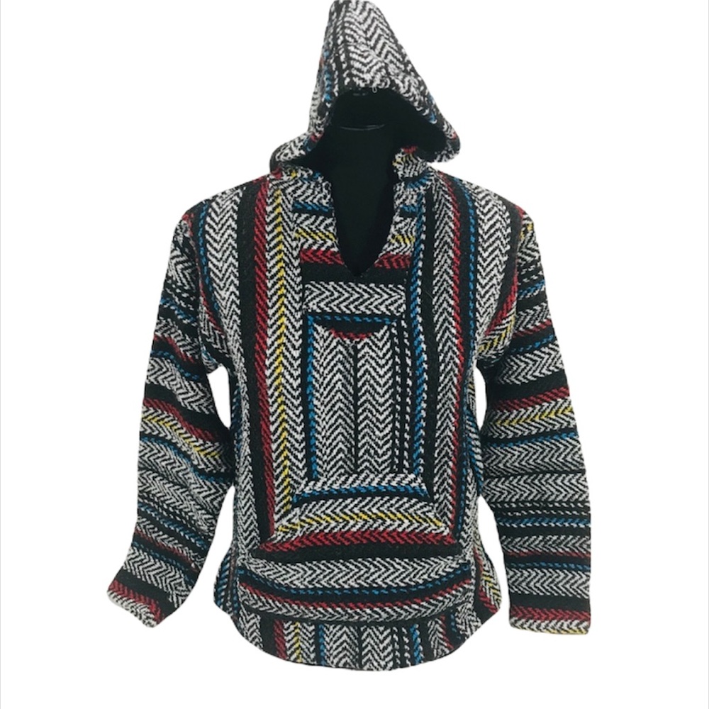 Baja Joe Striped Baja Hoodie Black White Blue Size Small - Picture 7 of 7